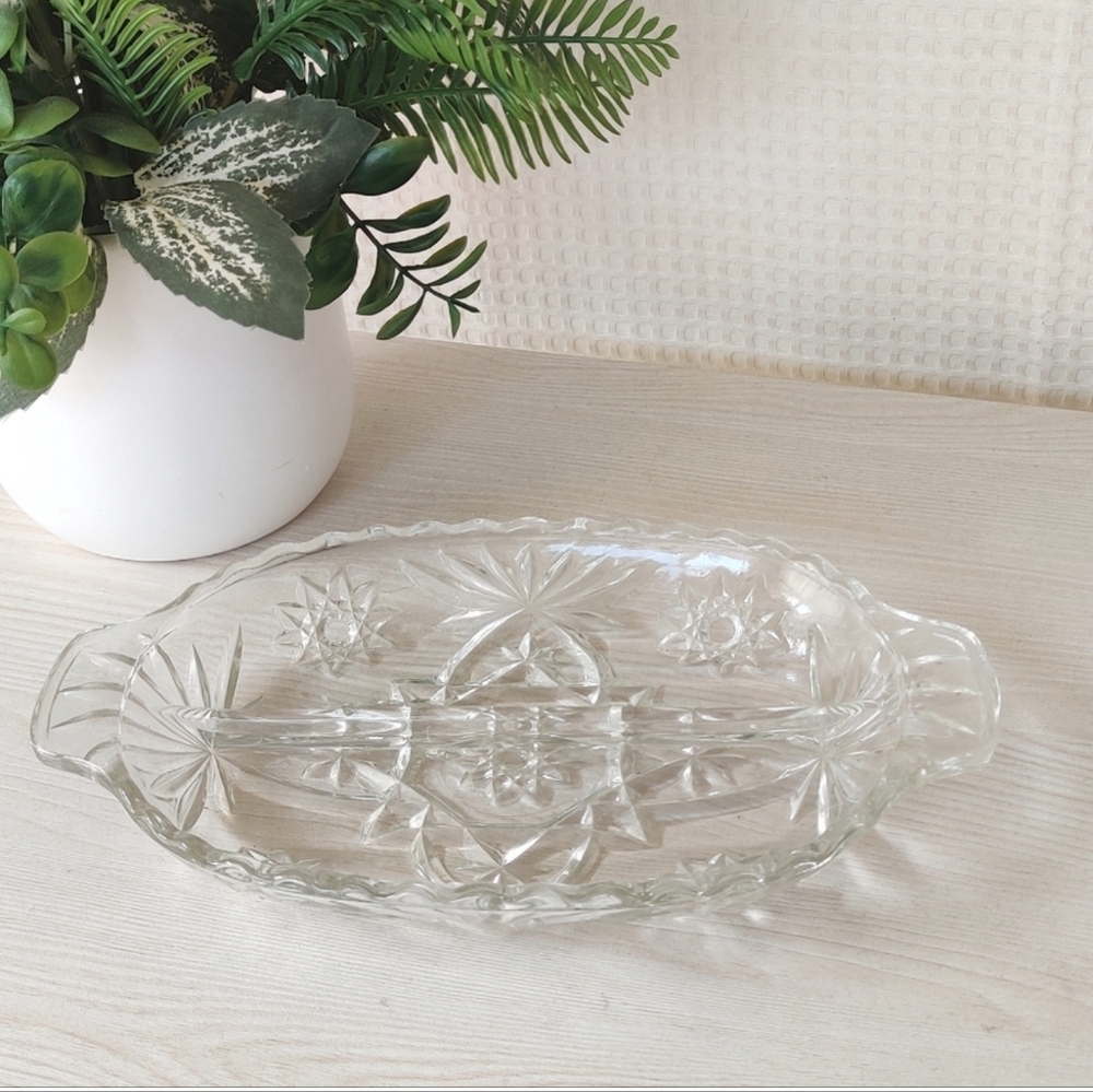 Vintage Pressed Clear Glass Divided Relish Dish with Tab Handles Stars Design